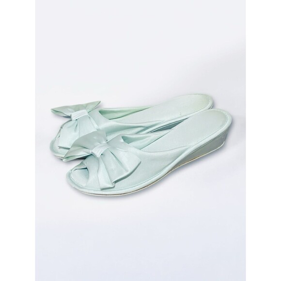 Vintage Vanity Fair Mint Satin Peep-toe Wedge Slippers Size Small 5-6 - Picture 1 of 5